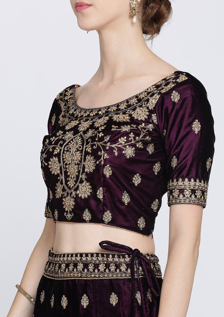 Wine Zariwork Velvet Designer Lehenga-Koskii