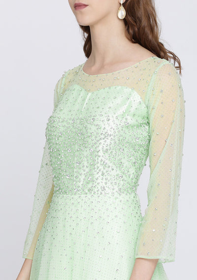 Pista Green Stonework Net Designer Gown-Koskii