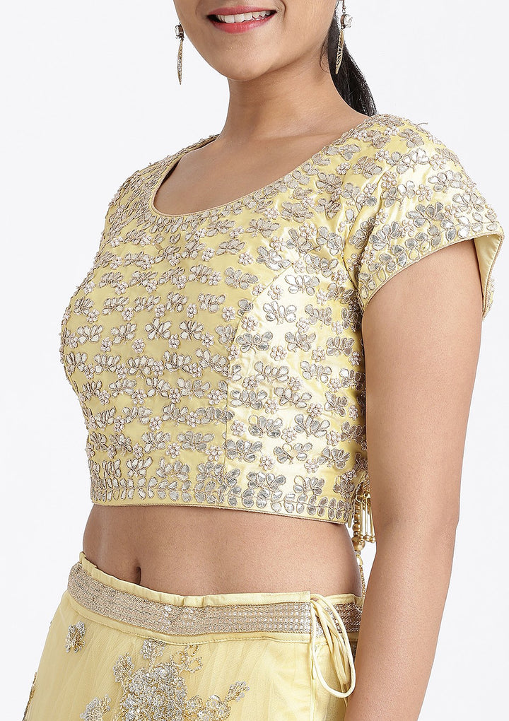Lemon Yellow Gota Patti Net Designer Lehenga-Koskii