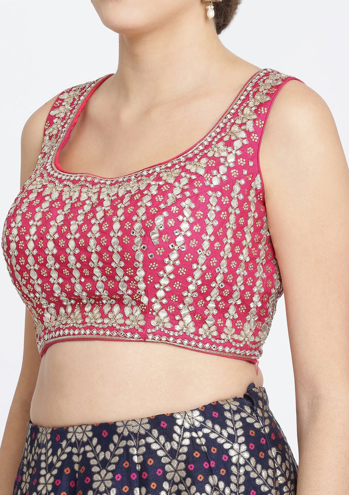 Navy Blue and Fuschia Gotapatti Brocade Designer Lehenga-Koskii