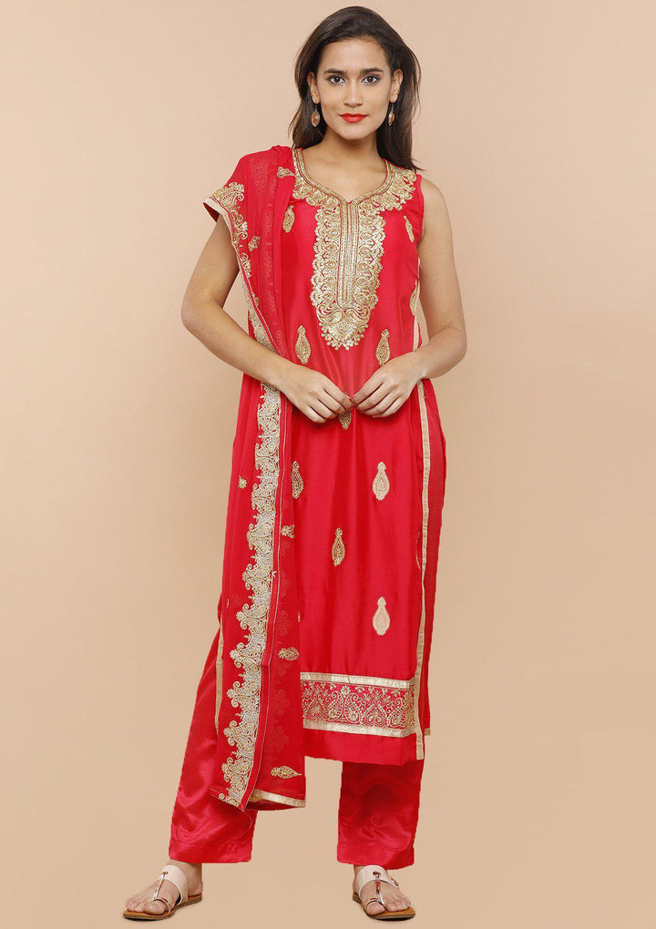 Red Chanderi Silk Designer Salwar Suit-Koskii