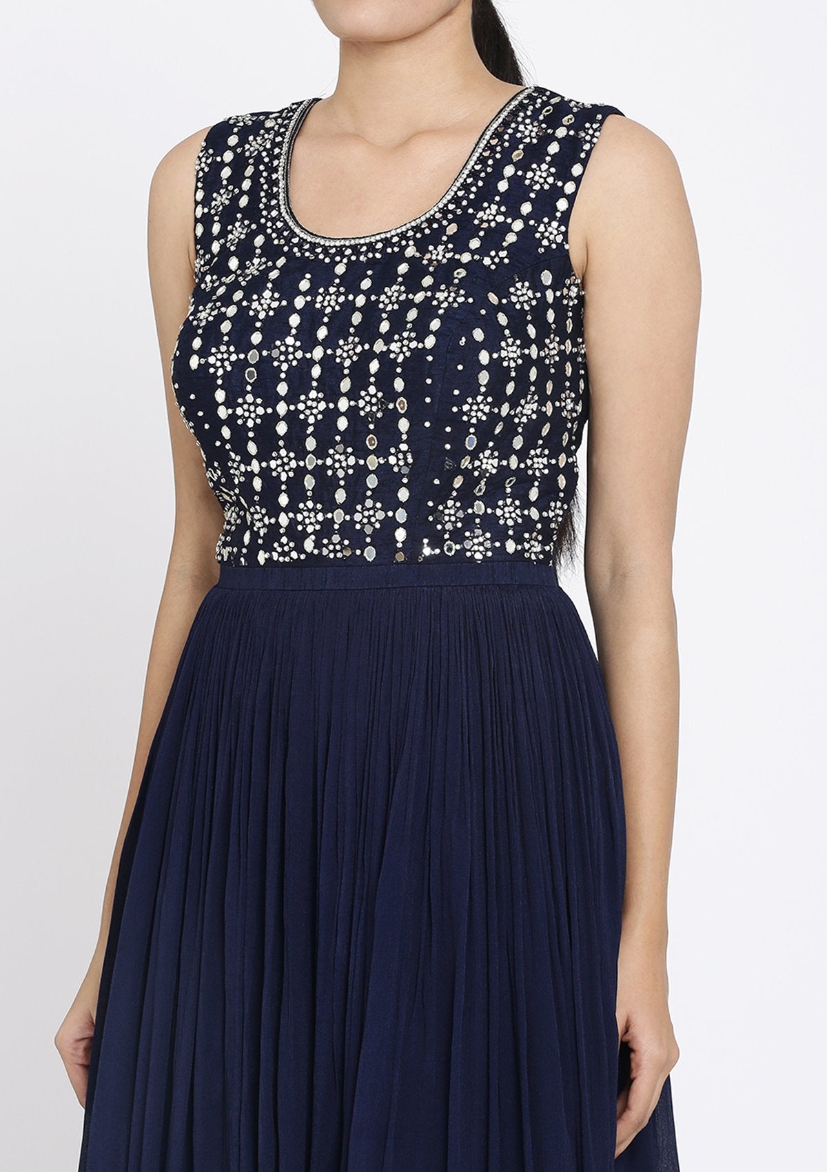 Navy Blue Mirrorwork Georgette Designer Gown - koskii