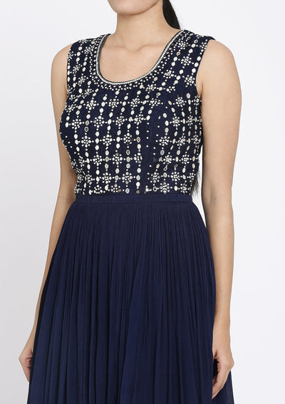 Navy Blue Mirrorwork Georgette Designer Gown - koskii