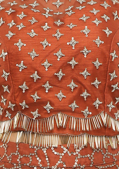 Rusty Orange Sequinned Silk Designer Lehenga-Koskii