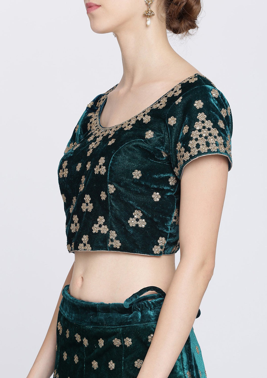 Pista Green Stonework Velvet Designer Lehenga-Koskii