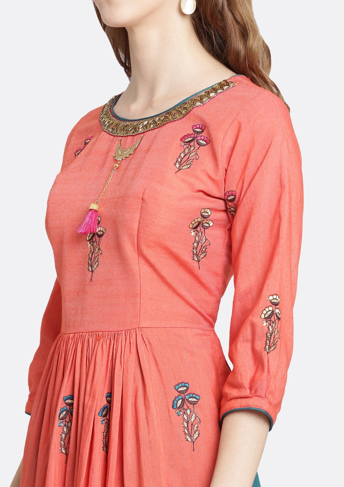 Peach Stonework Rawsilk Designer Salwar Suit-Koskii