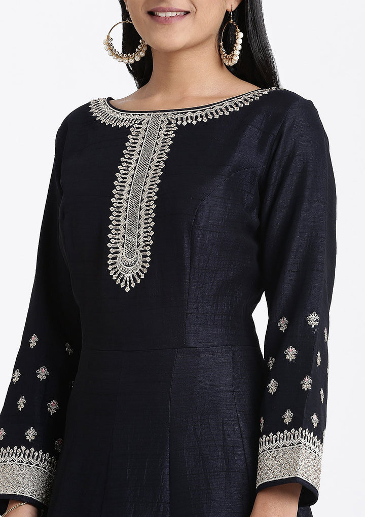 Navy Blue Zari Work Rawsilk Designer Gown-Koskii