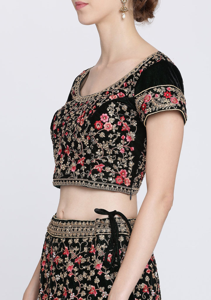 Bottle Green Stonework Velvet Designer Lehenga-Koskii