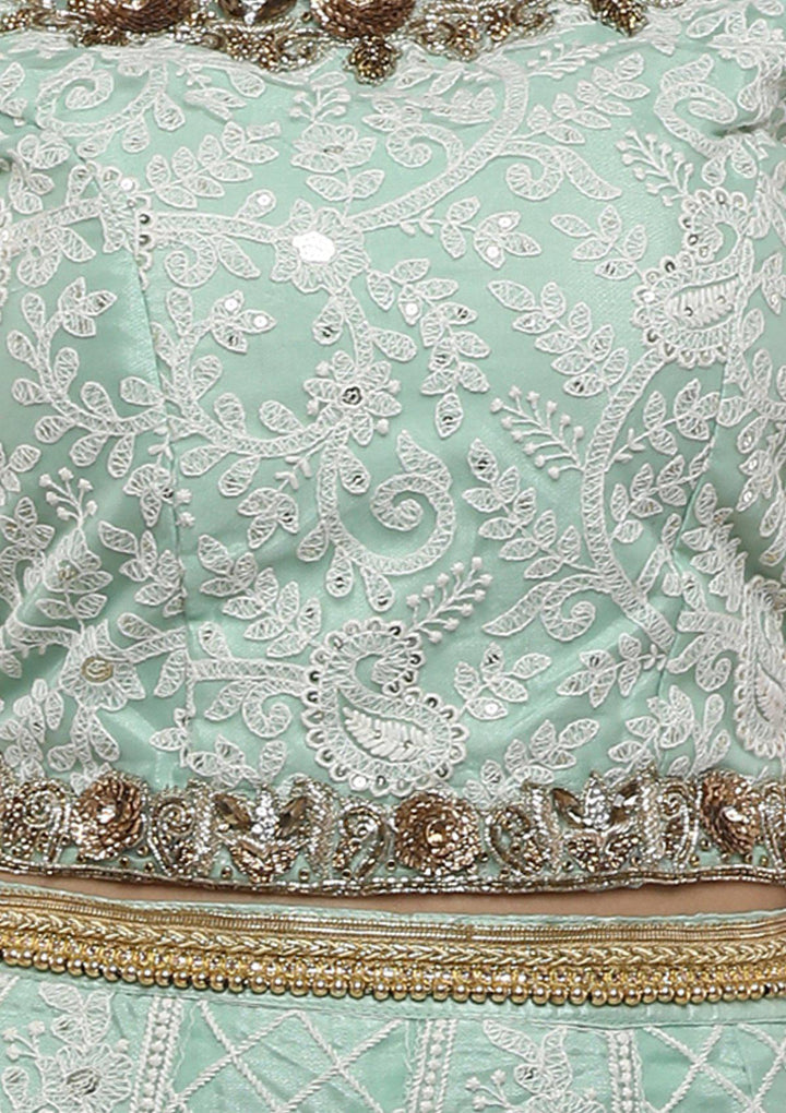 Green Thread Work Net Designer Lehenga-Koskii