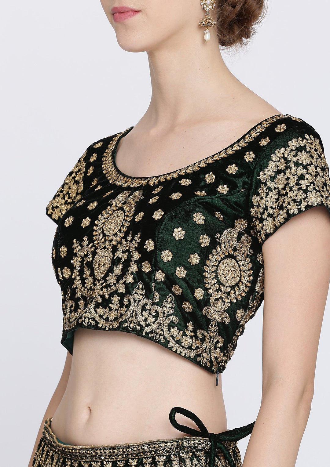 Bottle Green Zariwork Velvet Designer Lehenga-Koskii