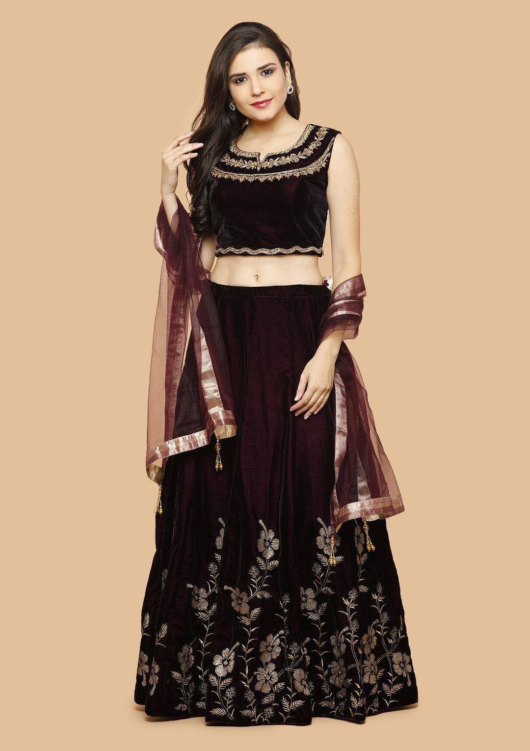 Wine and Maroon Embellished Velvet Designer Lehenga-Koskii