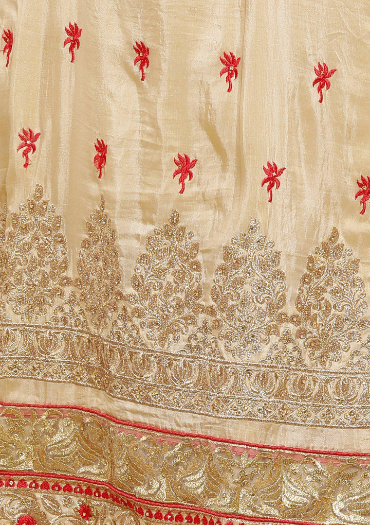 Beige and Red Silk Designer Salwar Suit-Koskii