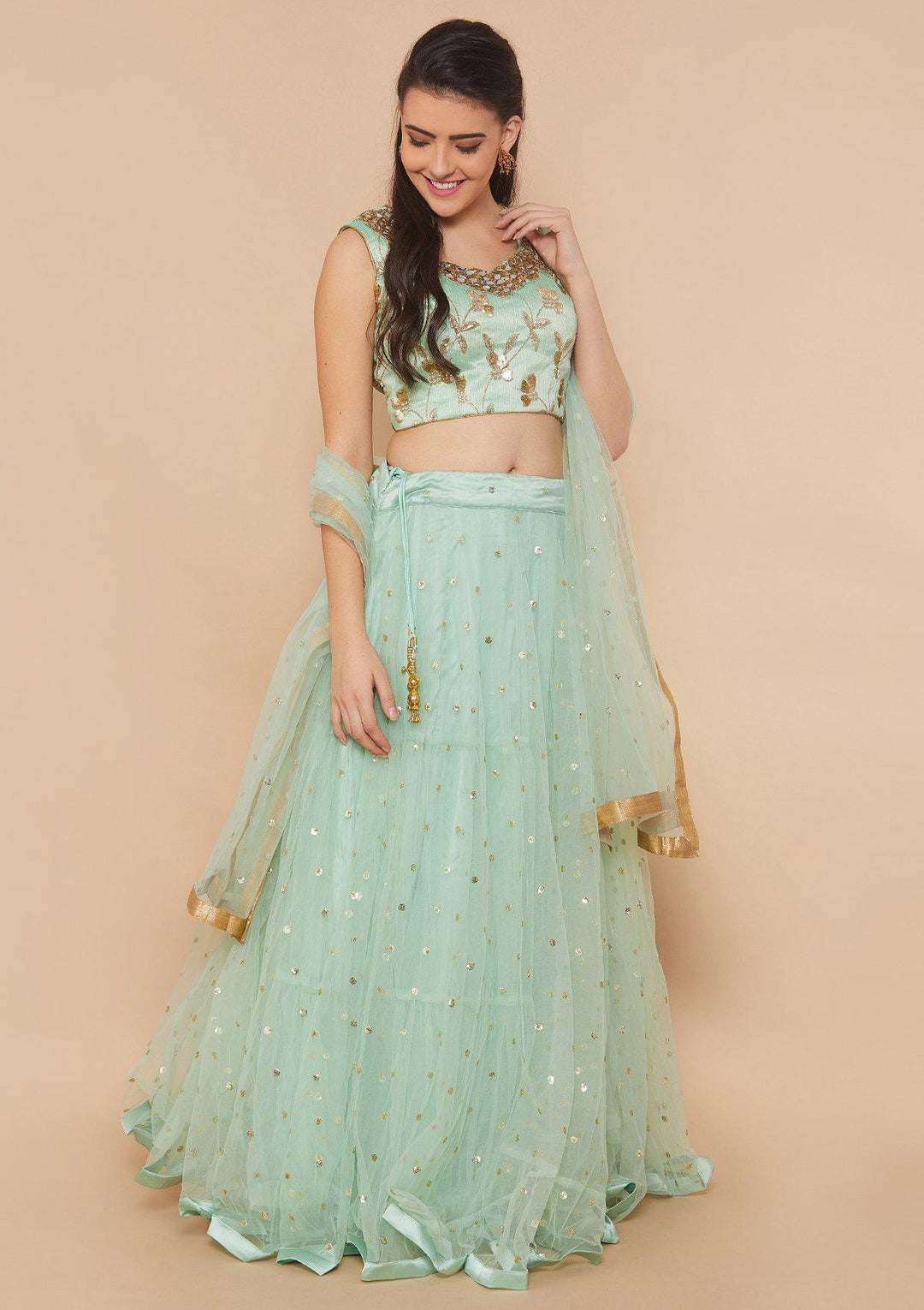Koskii Mirrorwork Net Mint Green Lehenga-Koskii
