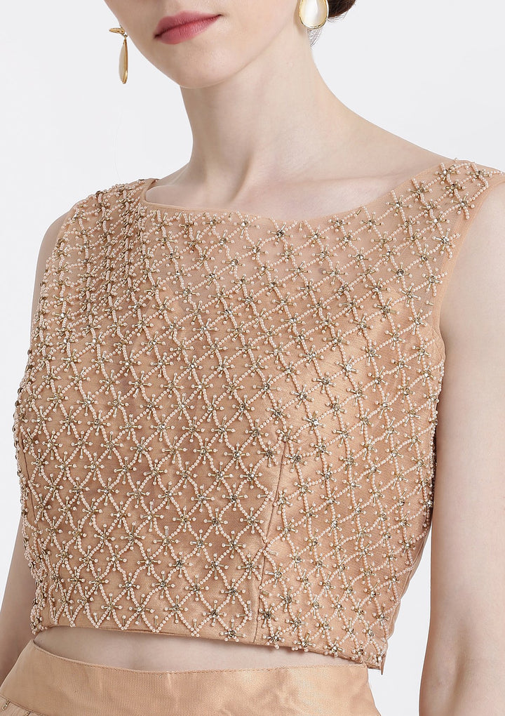 Peach Pearlwork Net Designer Lehenga-Koskii