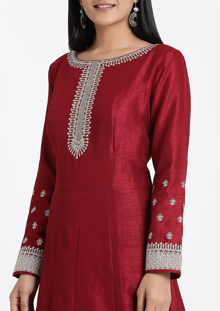 Maroon Zariwork Rawsilk Designer Gown-Koskii