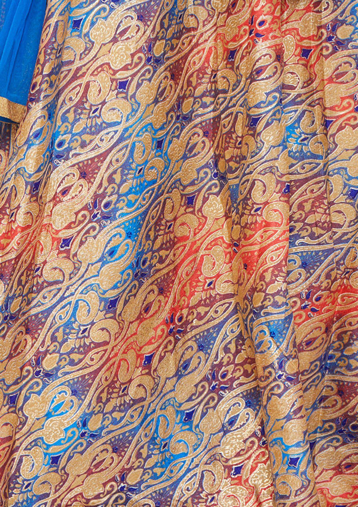 Blue and Gold Brocade Designer Lehenga-Koskii