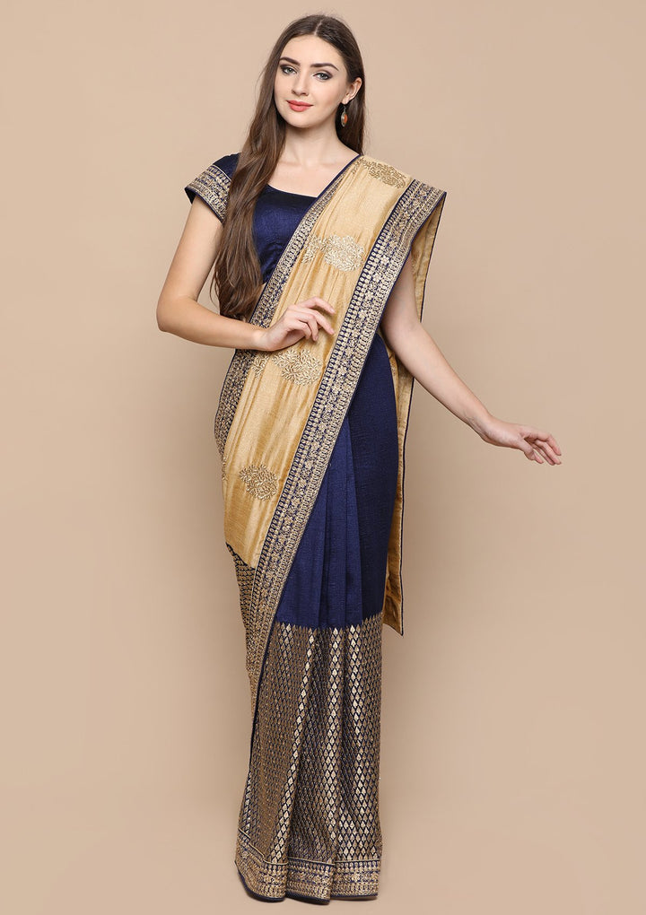 Beige and Blue Zari Work Chiffon Designer Saree-Koskii