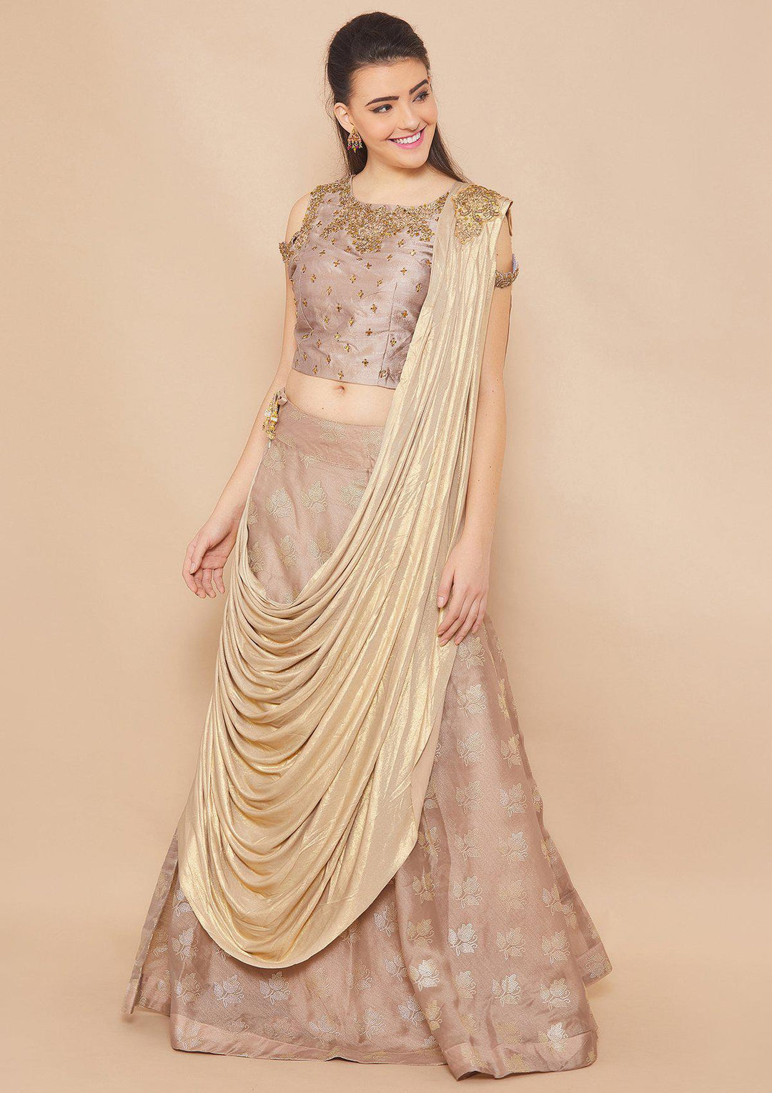 Koskii Stonework Rawsilk TAUPE Lehenga-Koskii