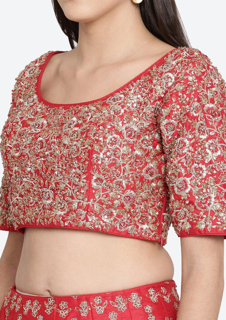 Red Sequinned Raw Silk Designer Lehenga-Koskii