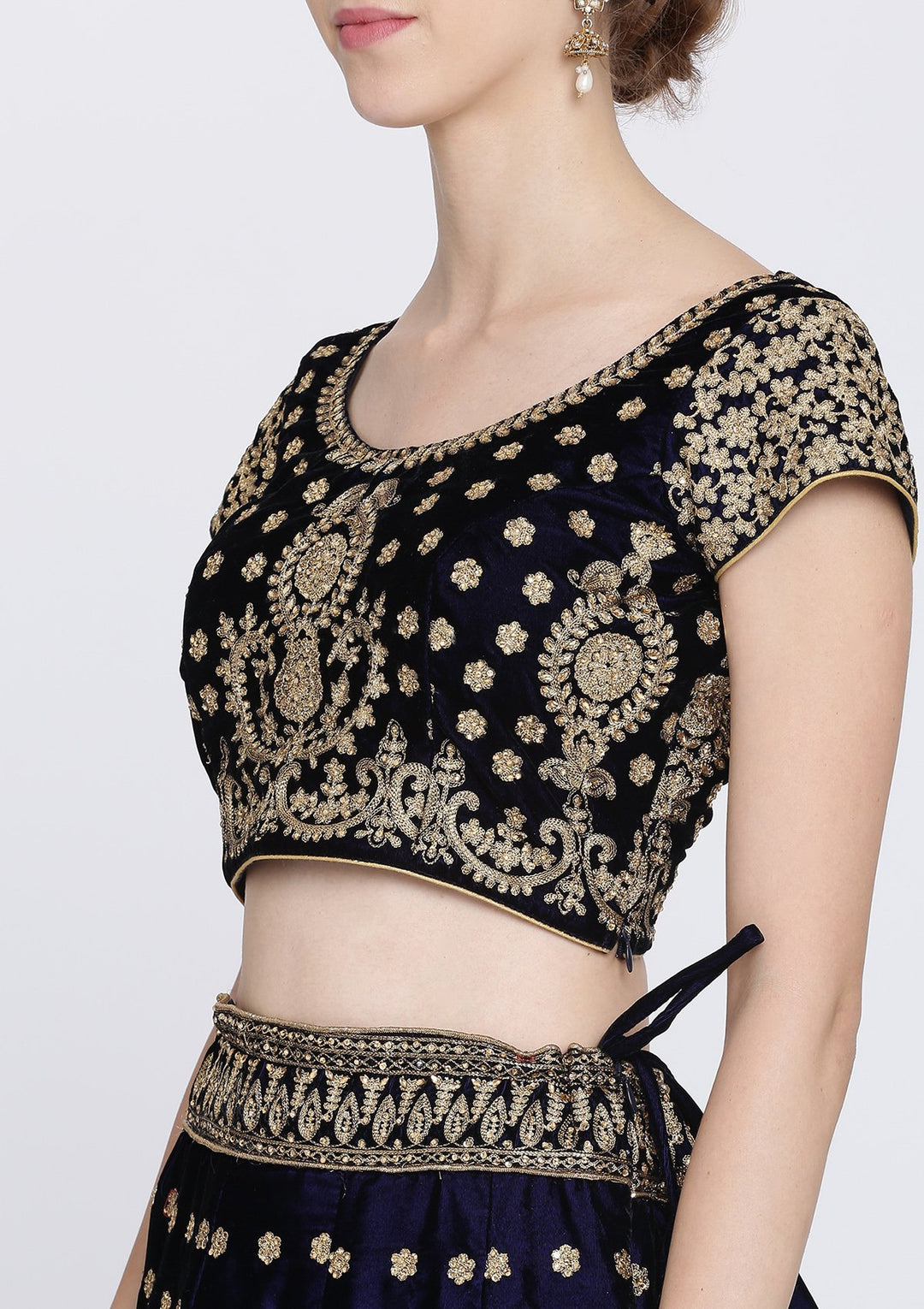 Navy Blue Zariwork Velvet Designer Lehenga-Koskii