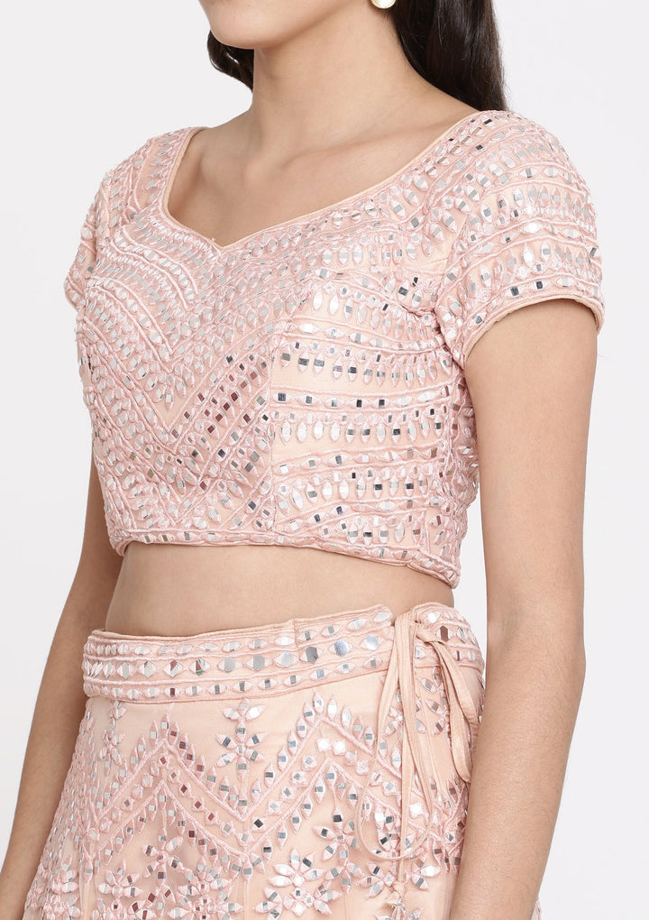 Peach Mirrorwork Net Designer Lehenga-Koskii