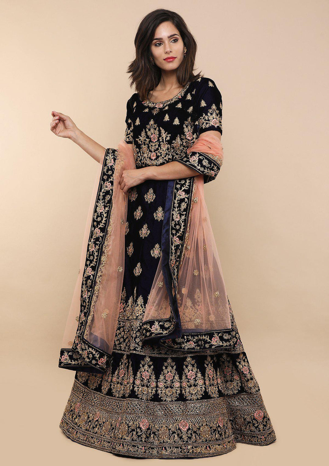 Blue and Pink Velvet Designer Lehenga-Koskii
