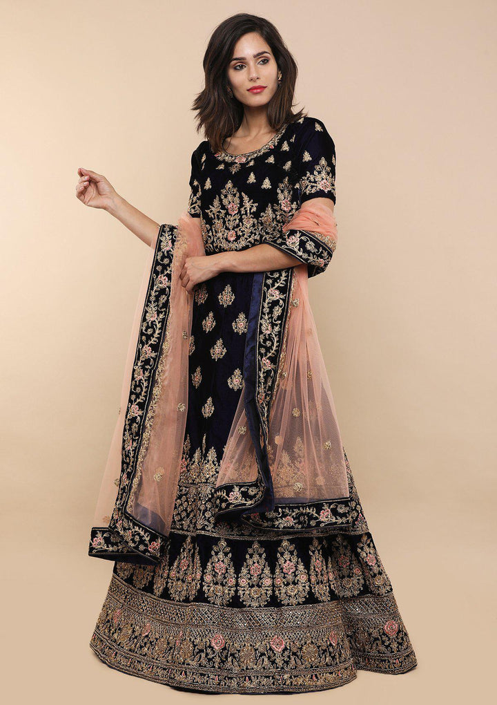 Blue and Pink Velvet Designer Lehenga-Koskii
