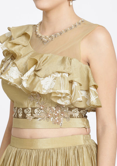 Beige Printed Satin Designer Lehenga-Koskii