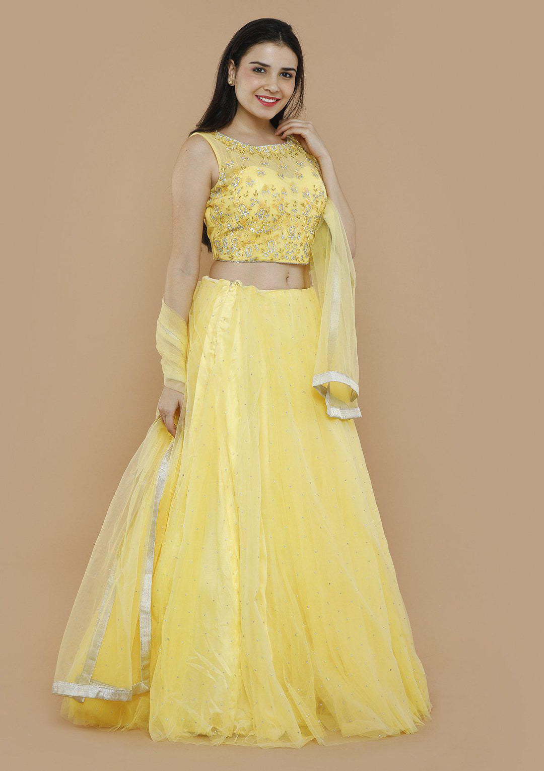 Yellow Sequinned Net Designer Lehenga-Koskii