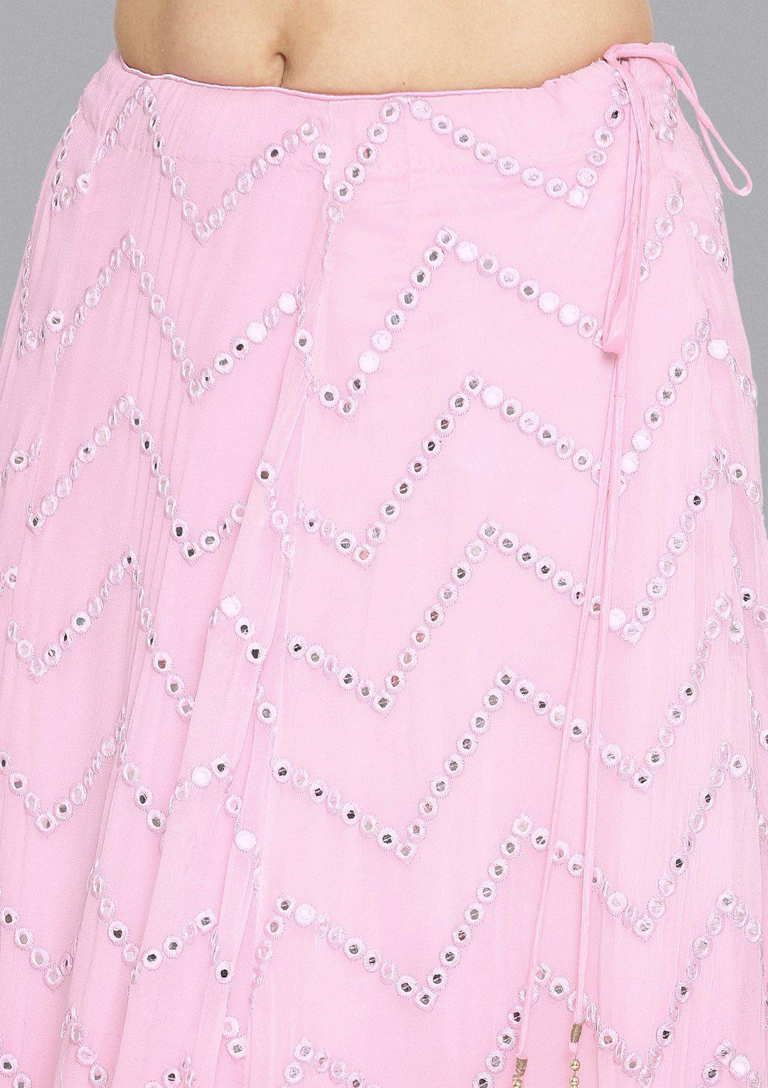 Baby Pink Mirrorwork Net Designer Lehenga-Koskii