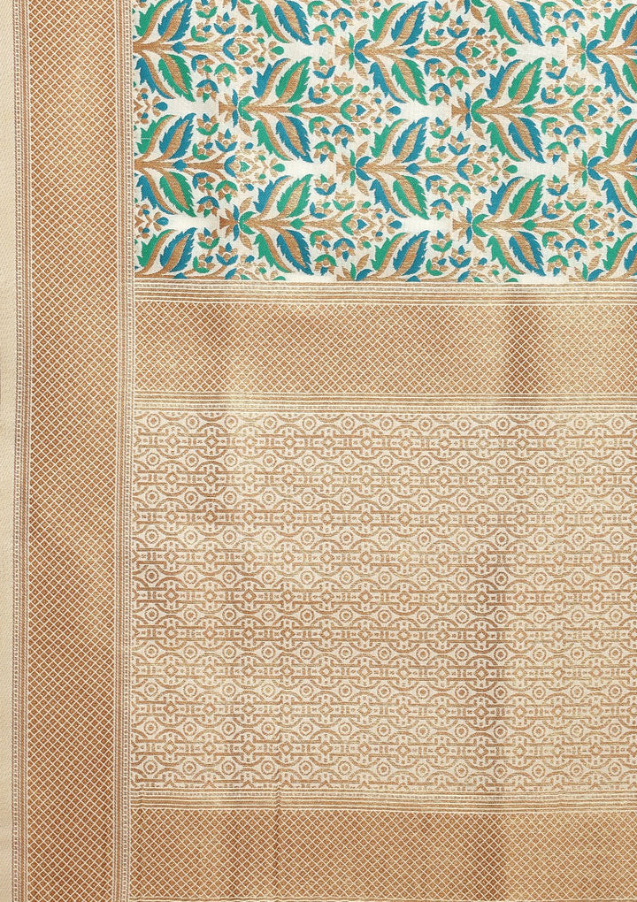 Green and Cream Thread Work Art Silk Designer Saree-Koskii