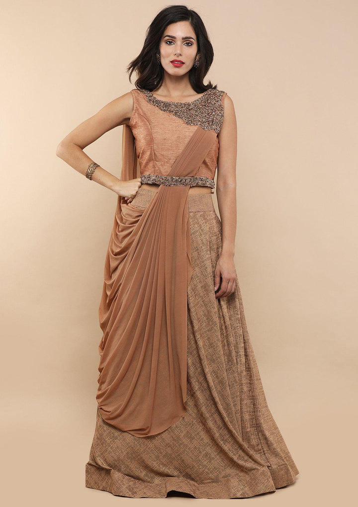 Chestnut Brown Raw Silk Drape Designer Lehenga-Koskii