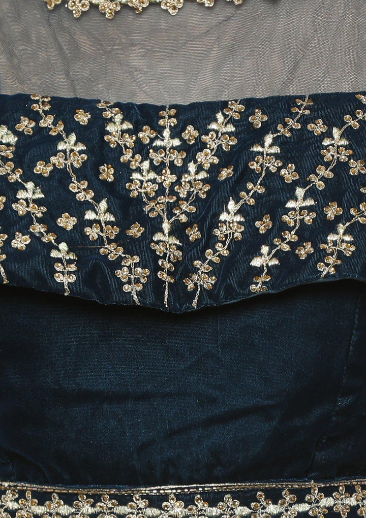 koskii green and blue velvet lehenga-Koskii