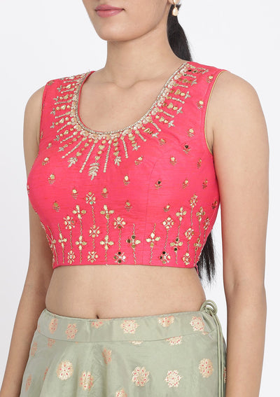 Pista Green And Pink Mirrorwork Tissue Designer Lehenga - koskii