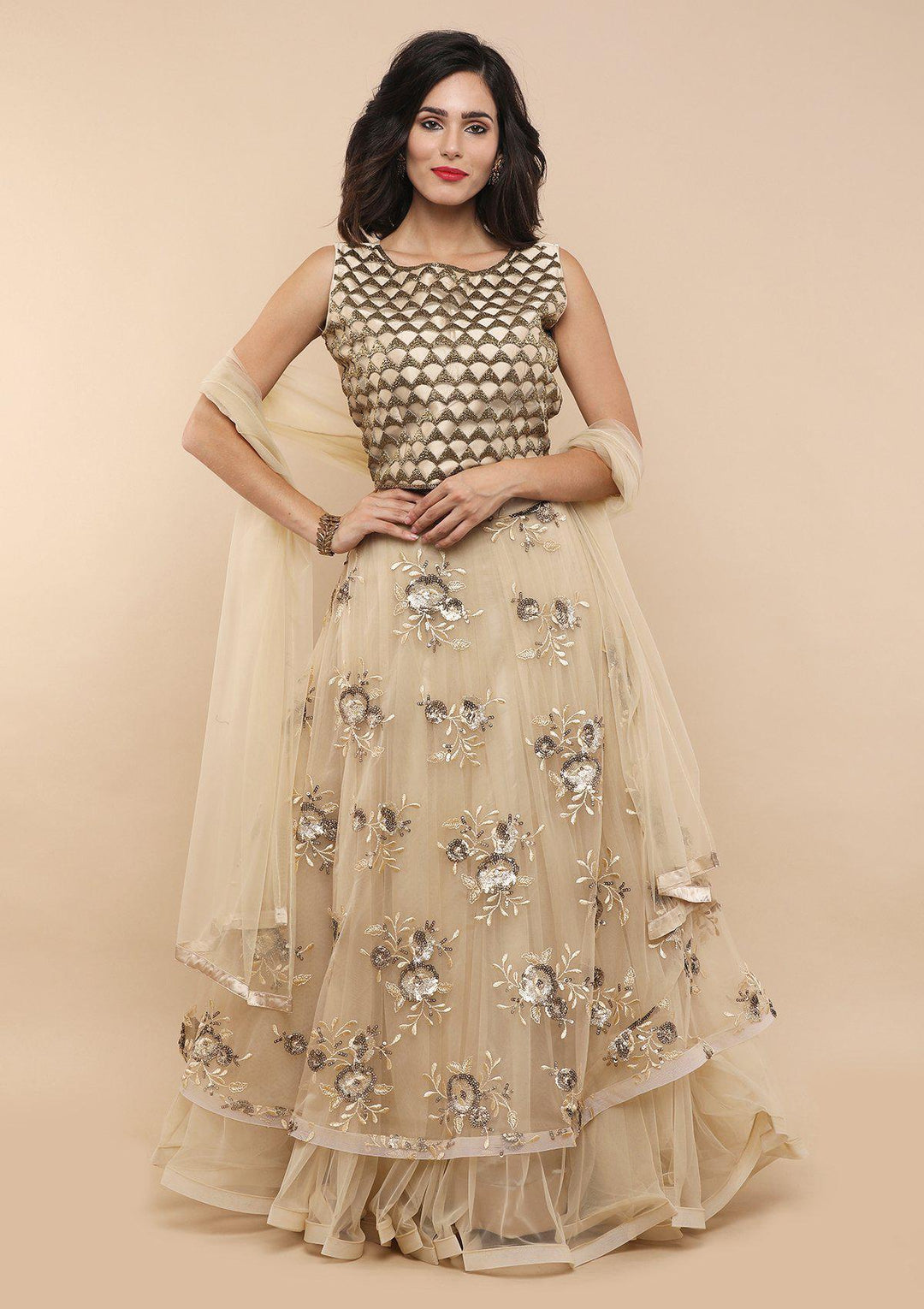 KOSKII BEIGE FLORAL NET LEHENGA-Koskii