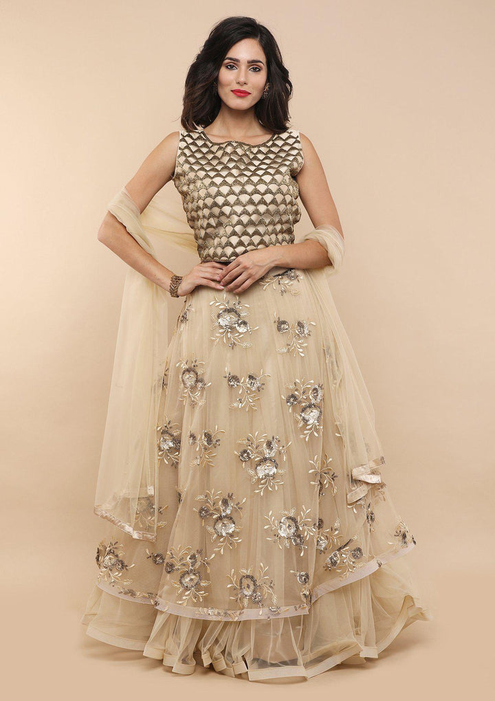 KOSKII BEIGE FLORAL NET LEHENGA-Koskii