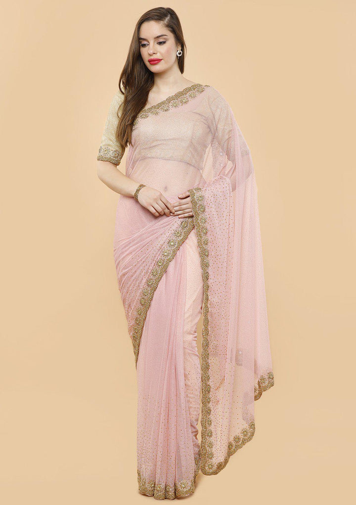 Baby Pink Stonework Net Designer Saree-Koskii