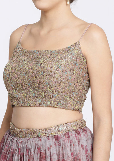 Lavender and Brown Sequins Tissue Designer Lehenga-Koskii