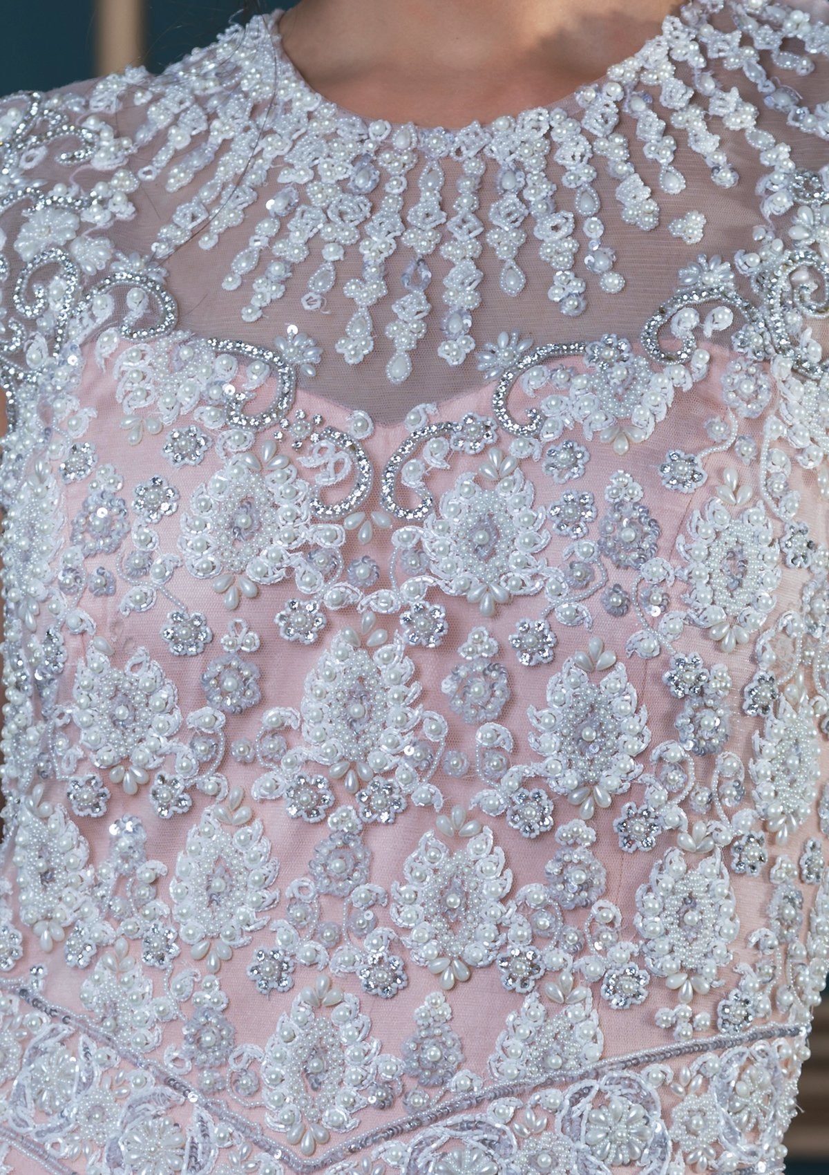 Peach Pink Stonework Net Designer Gown-Koskii
