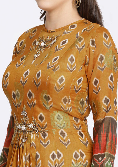 Mustard Printed Art Silk Designer Gown-Koskii