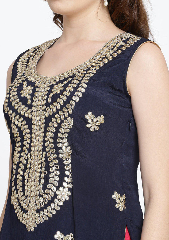 Navy Blue Gotapatti Semi Crepe Designer Salwar Suit-Koskii