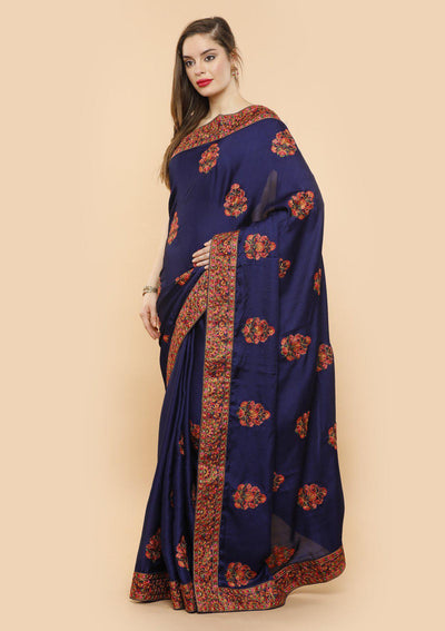 Oxford Blue Threadwork Raw Silk Designer Saree-Koskii