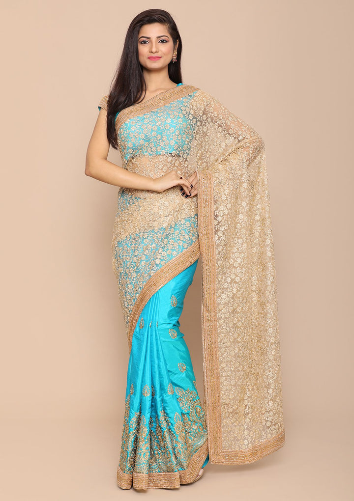 Blue Raw Silk and Net Half and Half Saree-Koskii