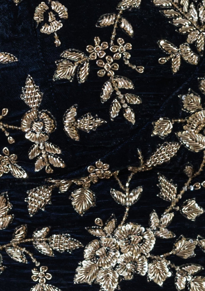 Blue Stone Work Velvet Designer Lehenga-Koskii