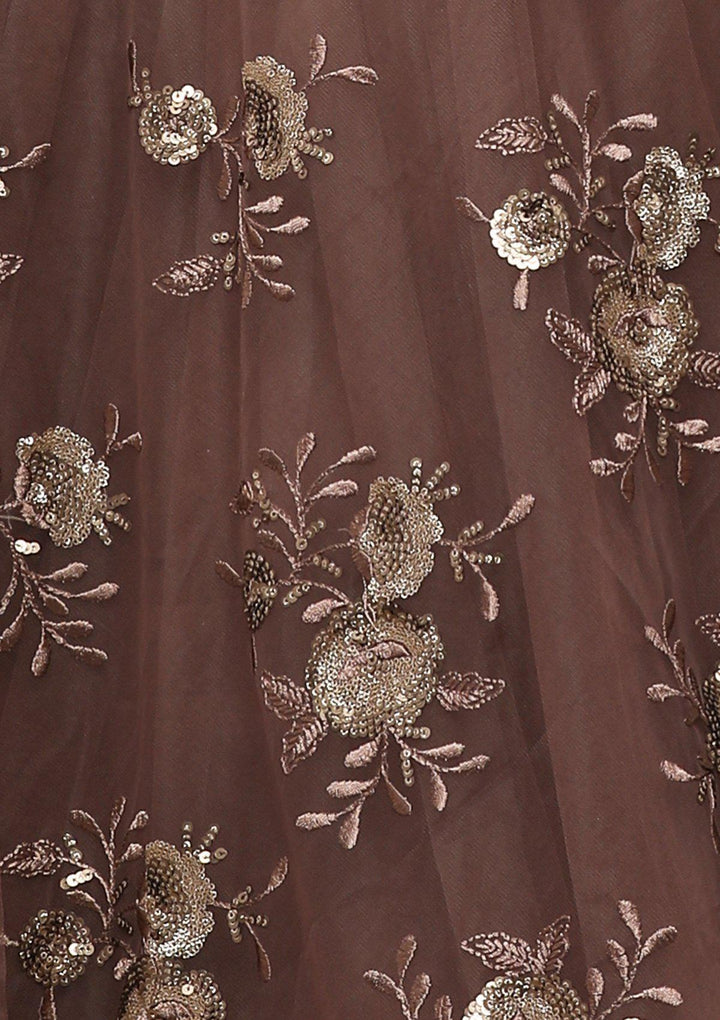 Dark Mauve Floral Net Designer Lehenga-Koskii