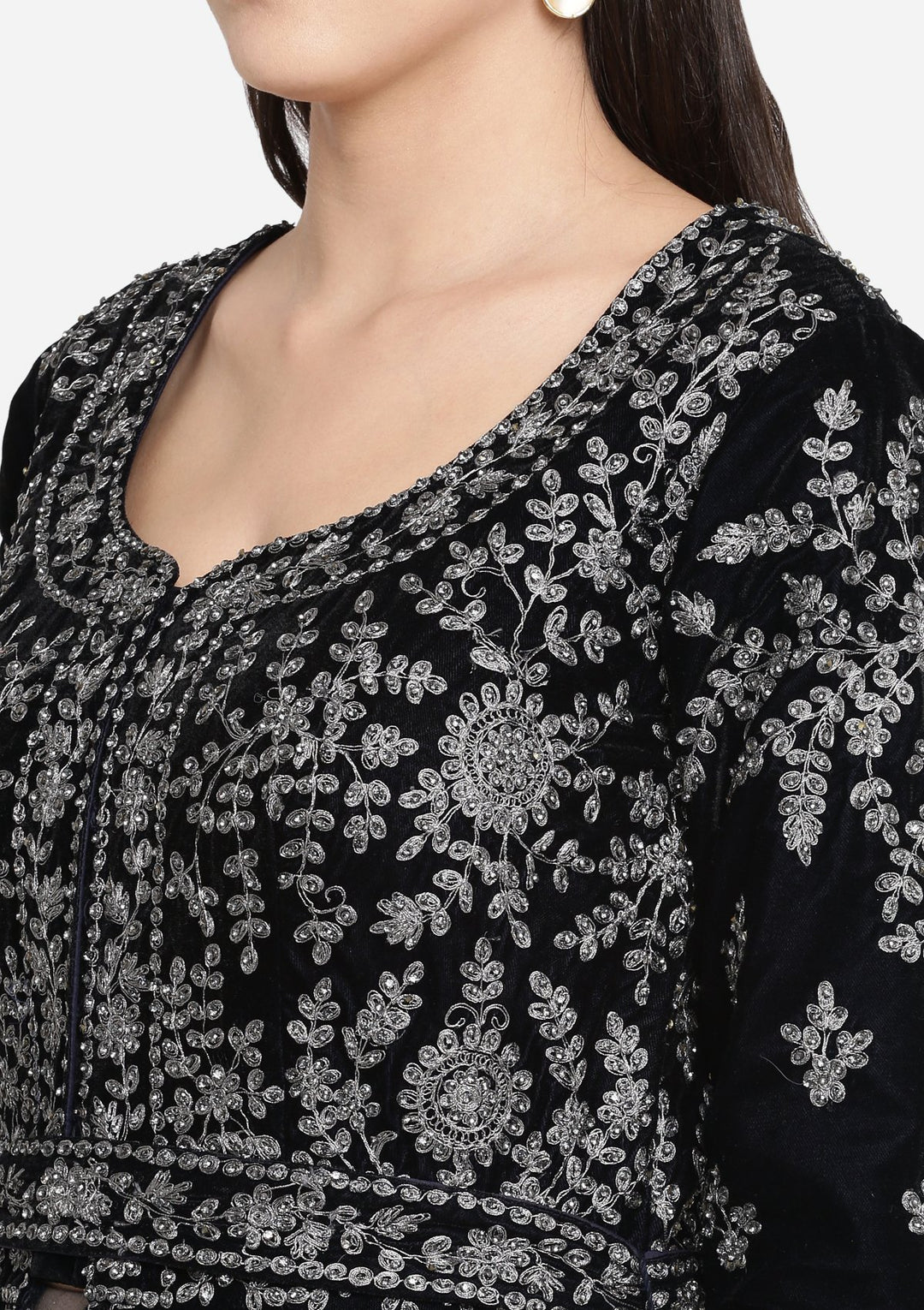 Navy Blue Zari Work Velvet Designer Lehenga-Koskii
