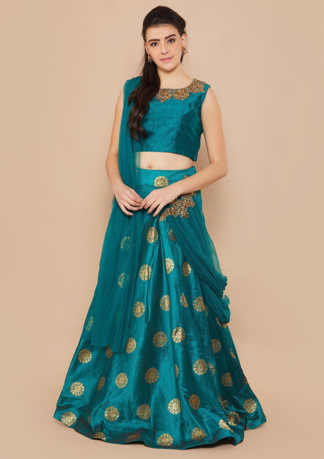 Green Stonework Raw-Silk Designer Lehenga-Koskii