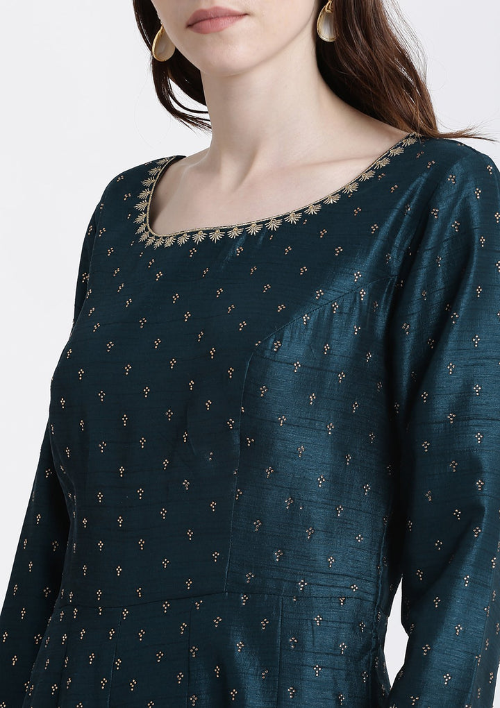 Peacock Blue Zariwork Rawsilk Designer Gown-Koskii