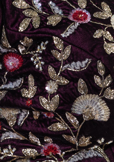 Wine Red Zardozi Work Velvet Designer Lehenga-Koskii