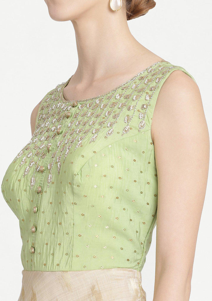 Pista Green Cutdana Raw Silk Designer Gown-Koskii